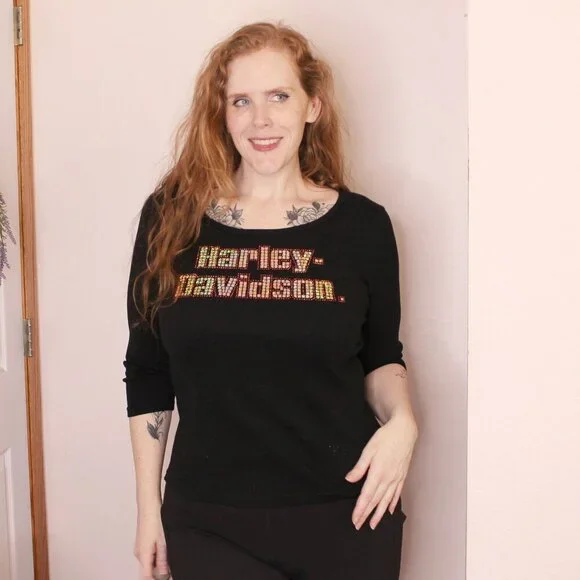 Harley Davidson Black Scoop Neck Top Sparkle XL - Picture 1 of 6